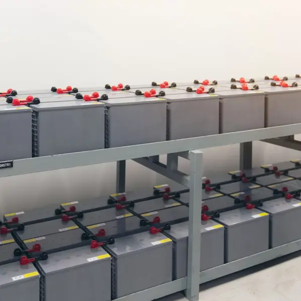 Bank of industrial battery cells with connected terminals, Barns Industrial Battery Services Essex