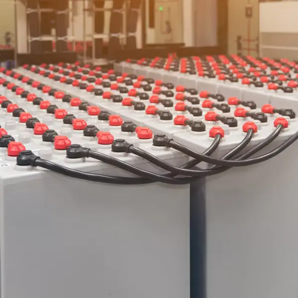Industrial battery cells on racking in a battery room, Barns Industrial Battery Services